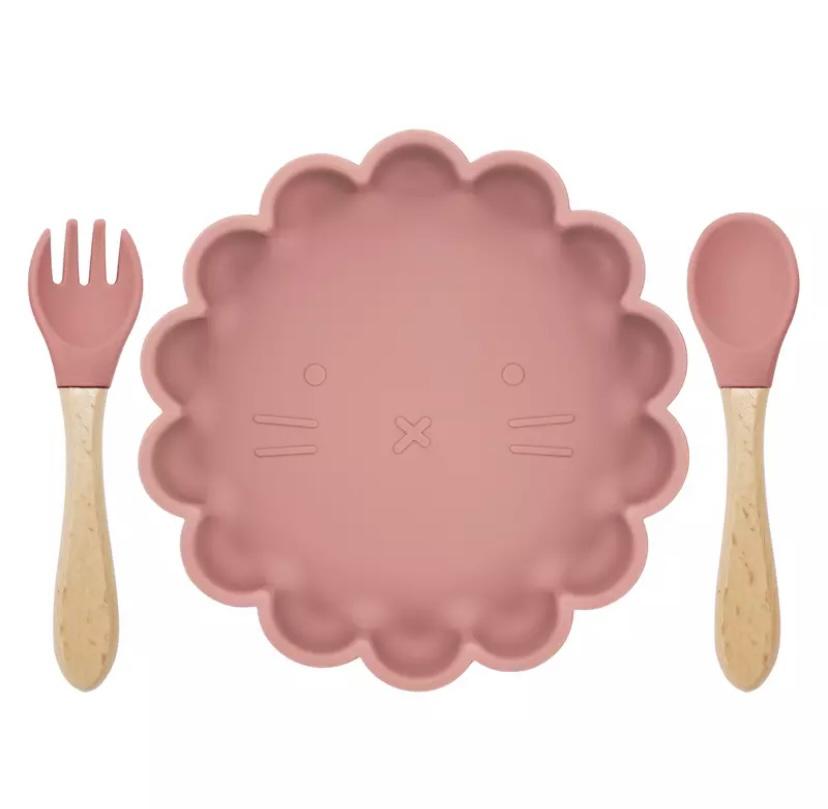 Set vaisselle Rose Blush en Silicone - Assiette + couverts