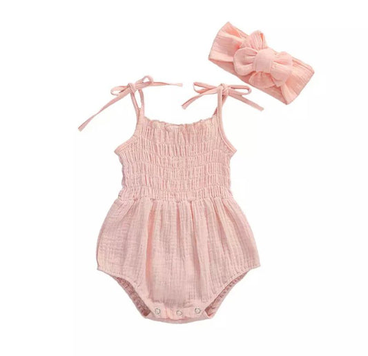 Bloomer bébé fille en coton et lin rose et son bandeau